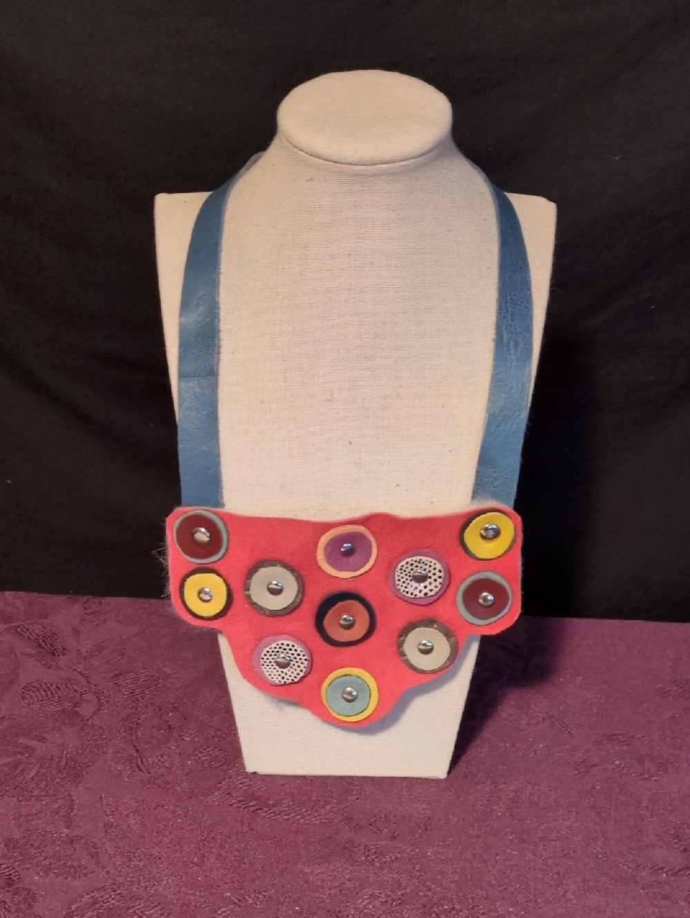 Artisan Handmade Coral Shearling Statement Necklace with Blue Leather Strap